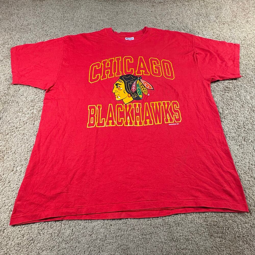 Vintage 90s‎ Chicago Blackhawks Champion Red TShirt Mens Size XXL NHL Pre Owned